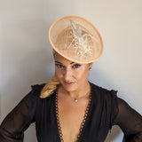 Peach crystal feather disc saucer fascinator hat