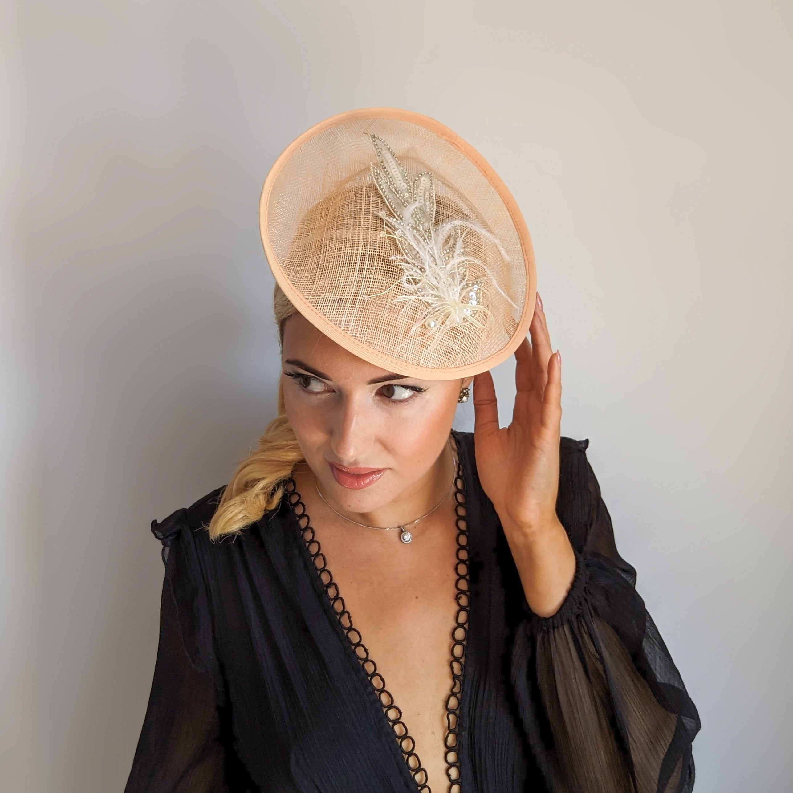 Peach crystal feather disc saucer fascinator hat