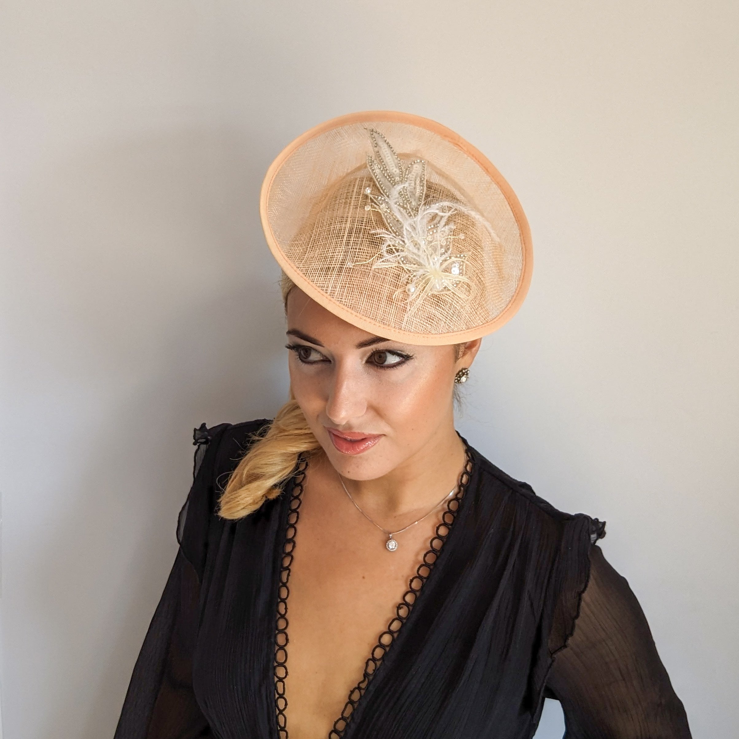 Peach crystal feather disc saucer fascinator hat