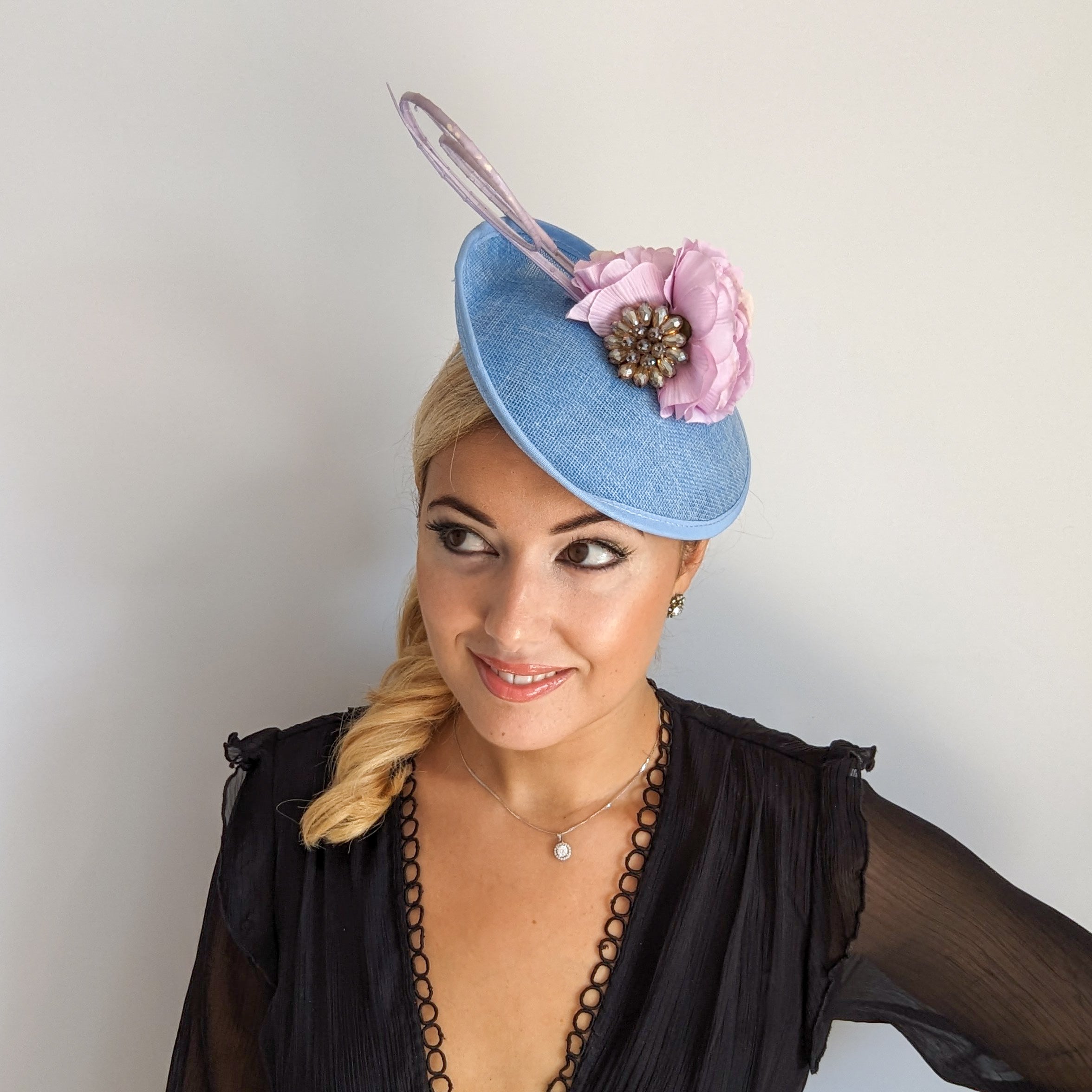 Light cornflower blue flower disc saucer fascinator hat