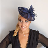 Navy blue feather disc saucer fascinator hat