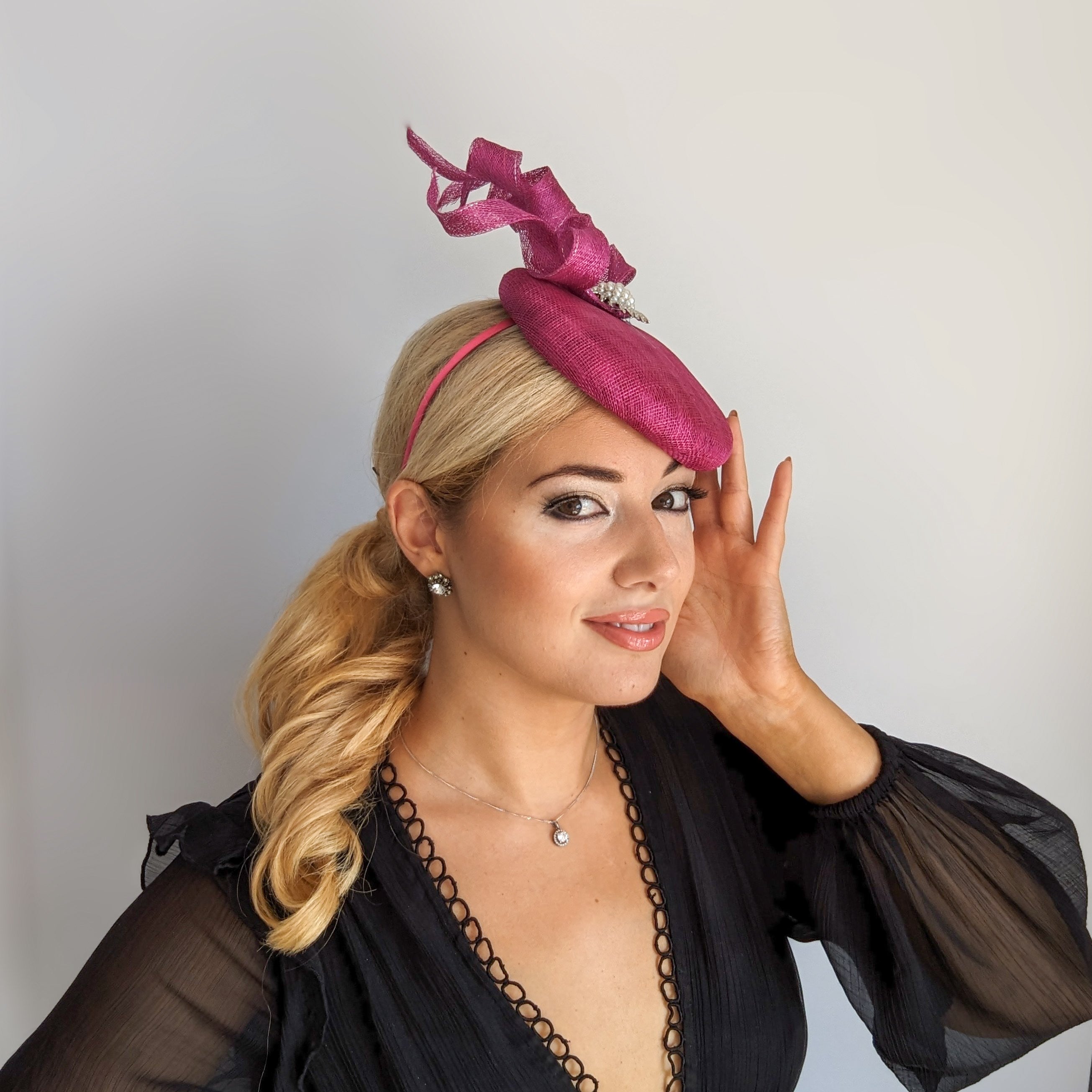 Magenta pink pearl fascinator hat