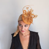 Golden yellow crystal feather fascinator hat