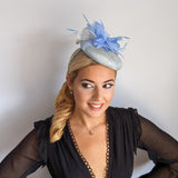 Aquamarine light cornflower blue pearl feather fascinator hat