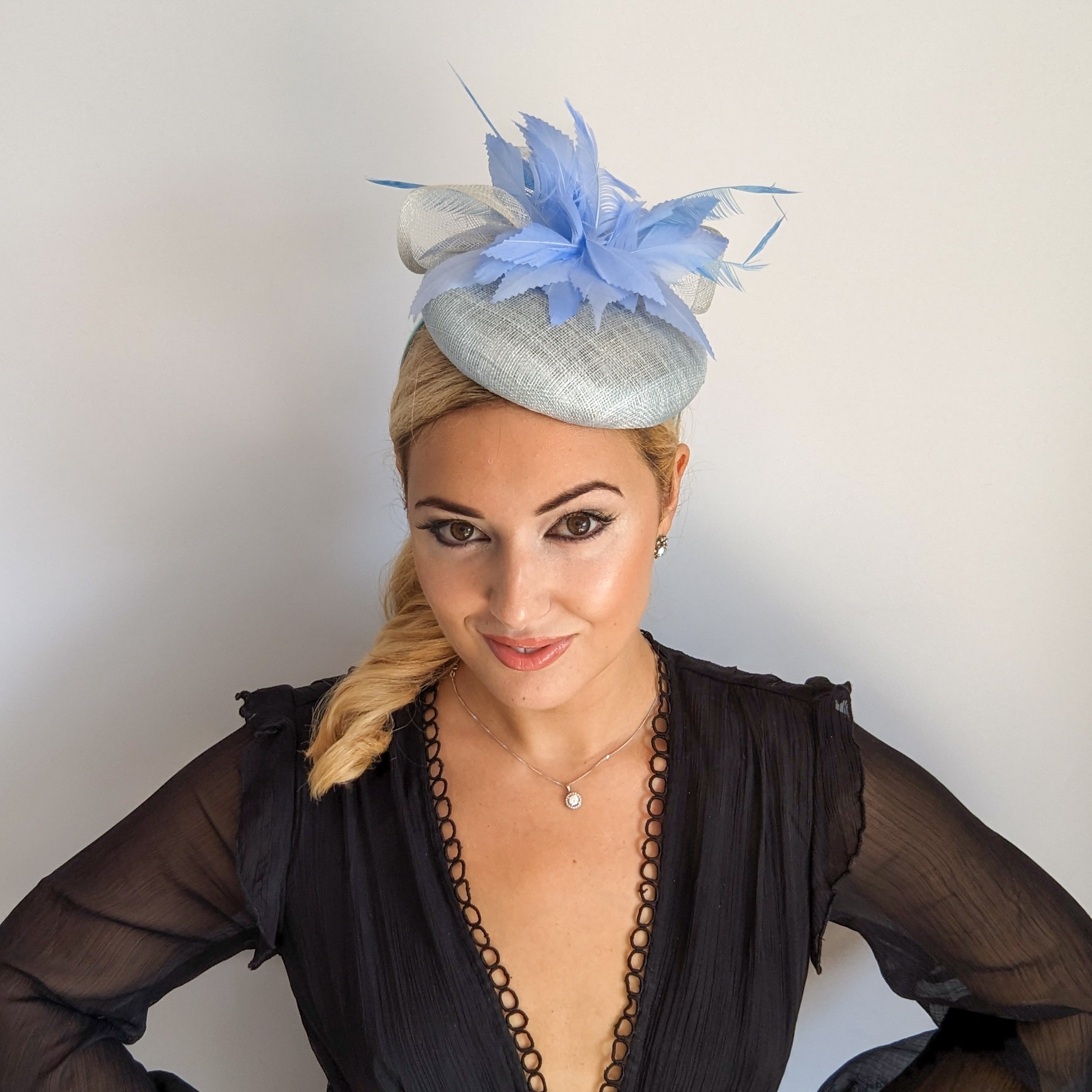 Aquamarine light cornflower blue pearl feather fascinator hat