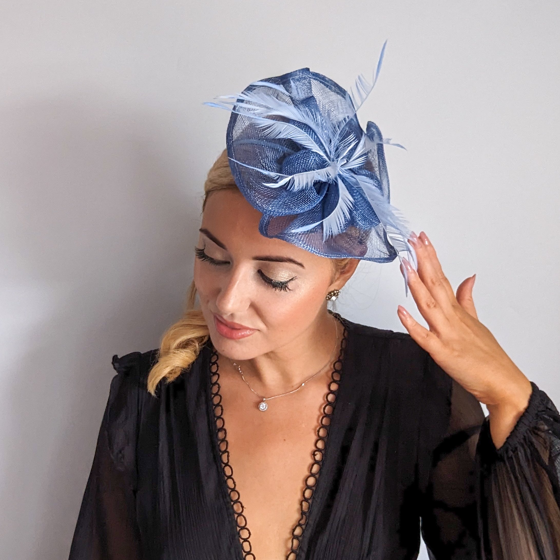 Cornflower blue feather fascinator hat