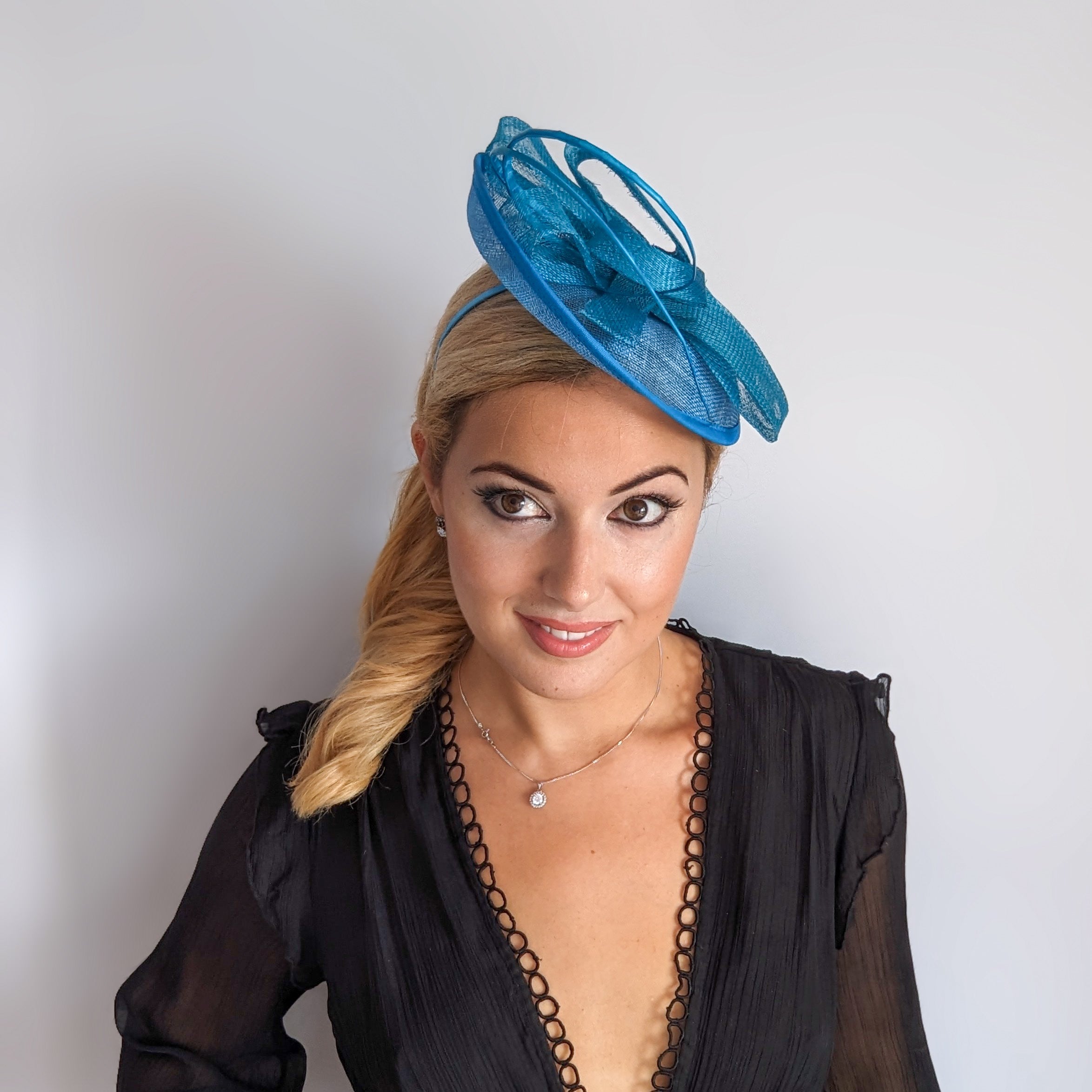 Dark aqua cornflower blue disc saucer fascinator hat