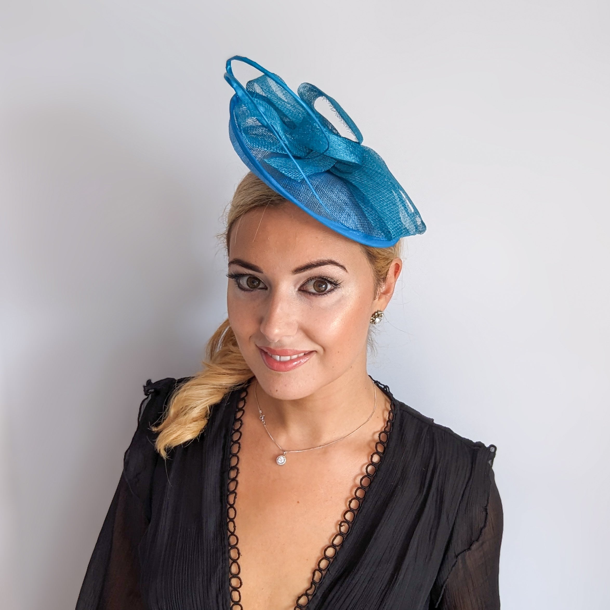 Dark aqua cornflower blue disc saucer fascinator hat