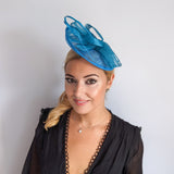 Dark aqua cornflower blue disc saucer fascinator hat