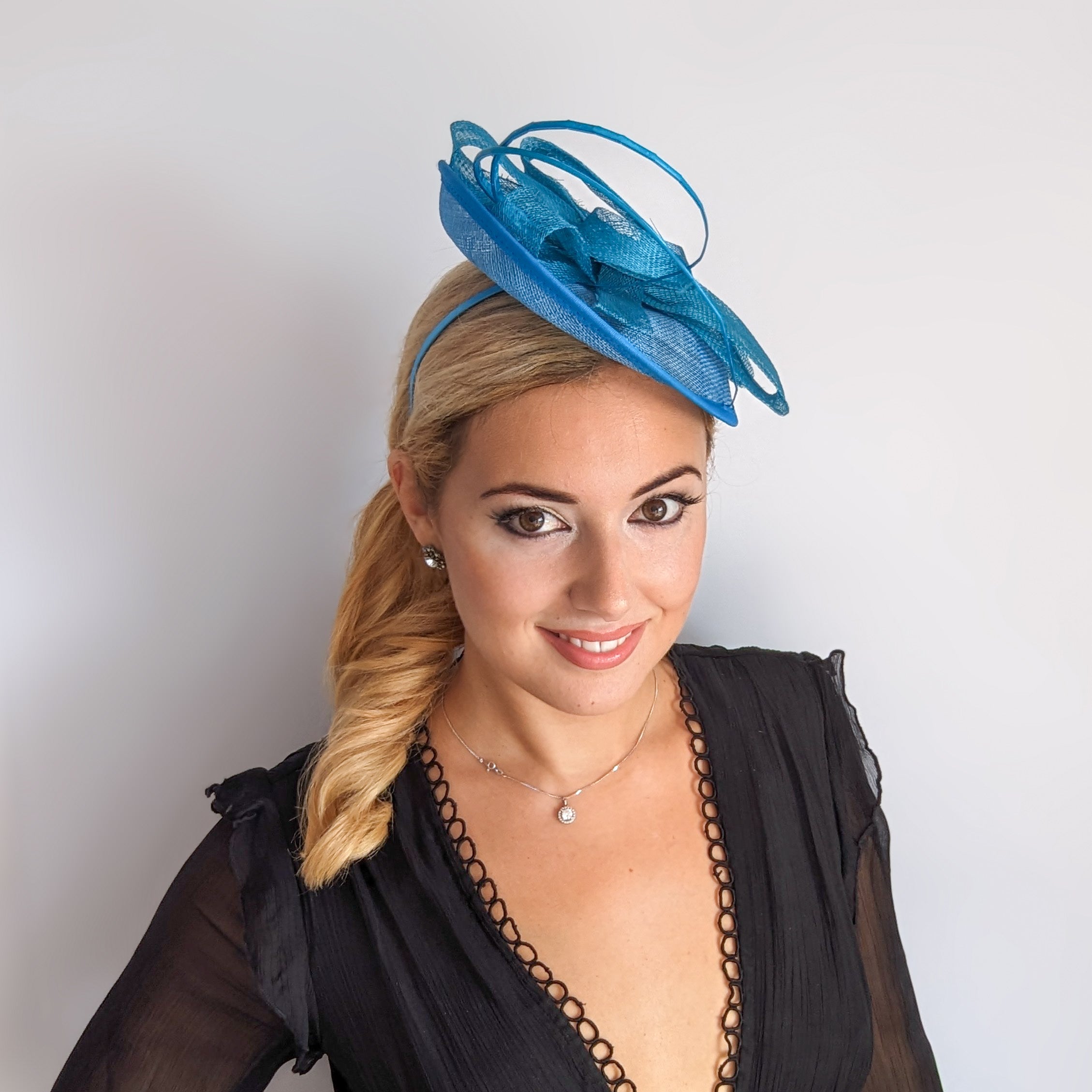 Dark aqua cornflower blue disc saucer fascinator hat