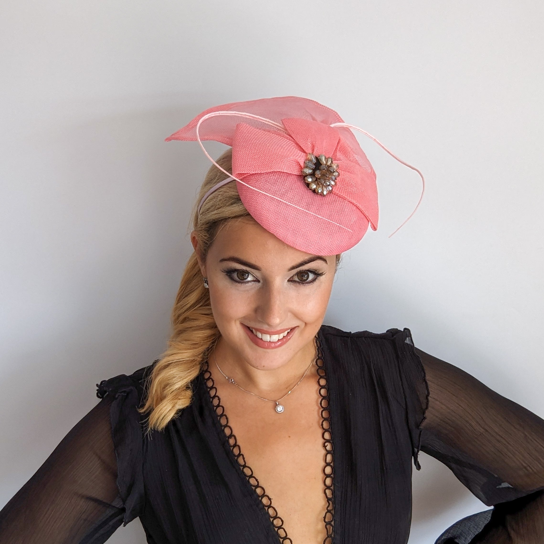 Pink crystal bow fascinator hat