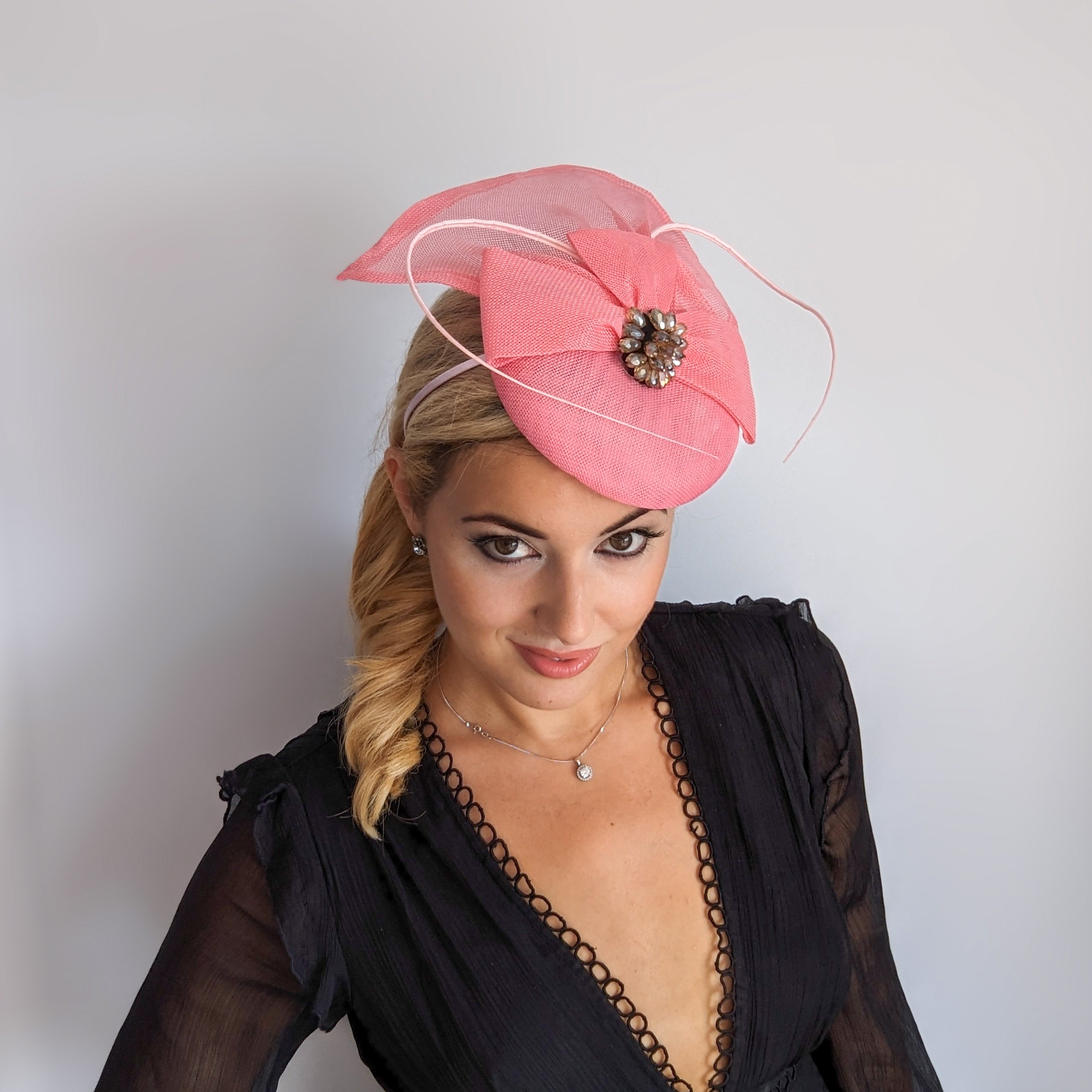 Pink crystal bow fascinator hat