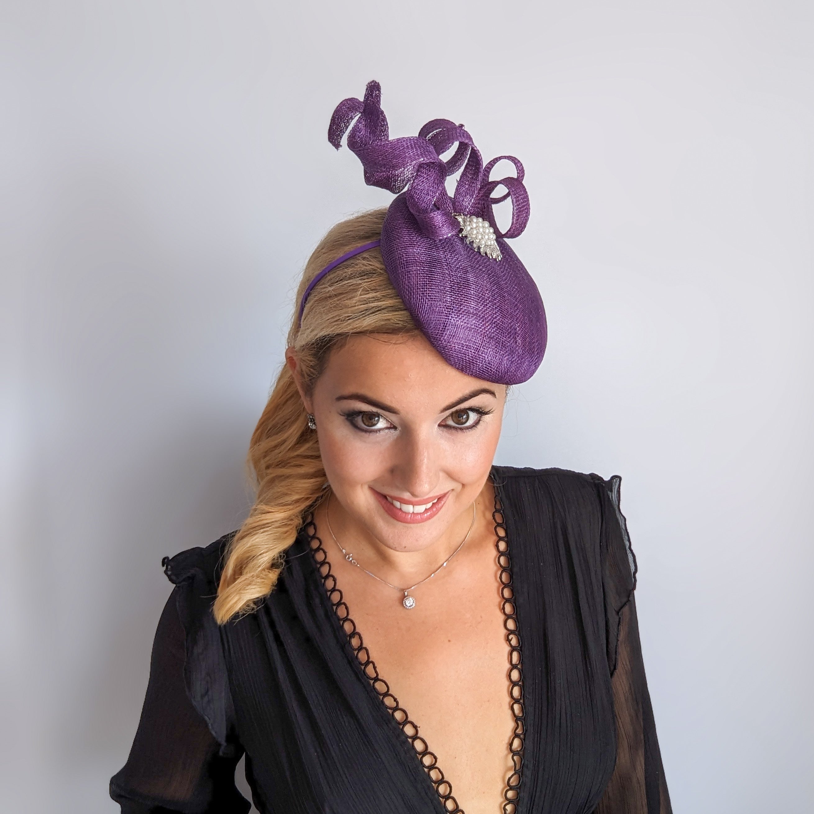 Aubergine purple pearl fascinator hat