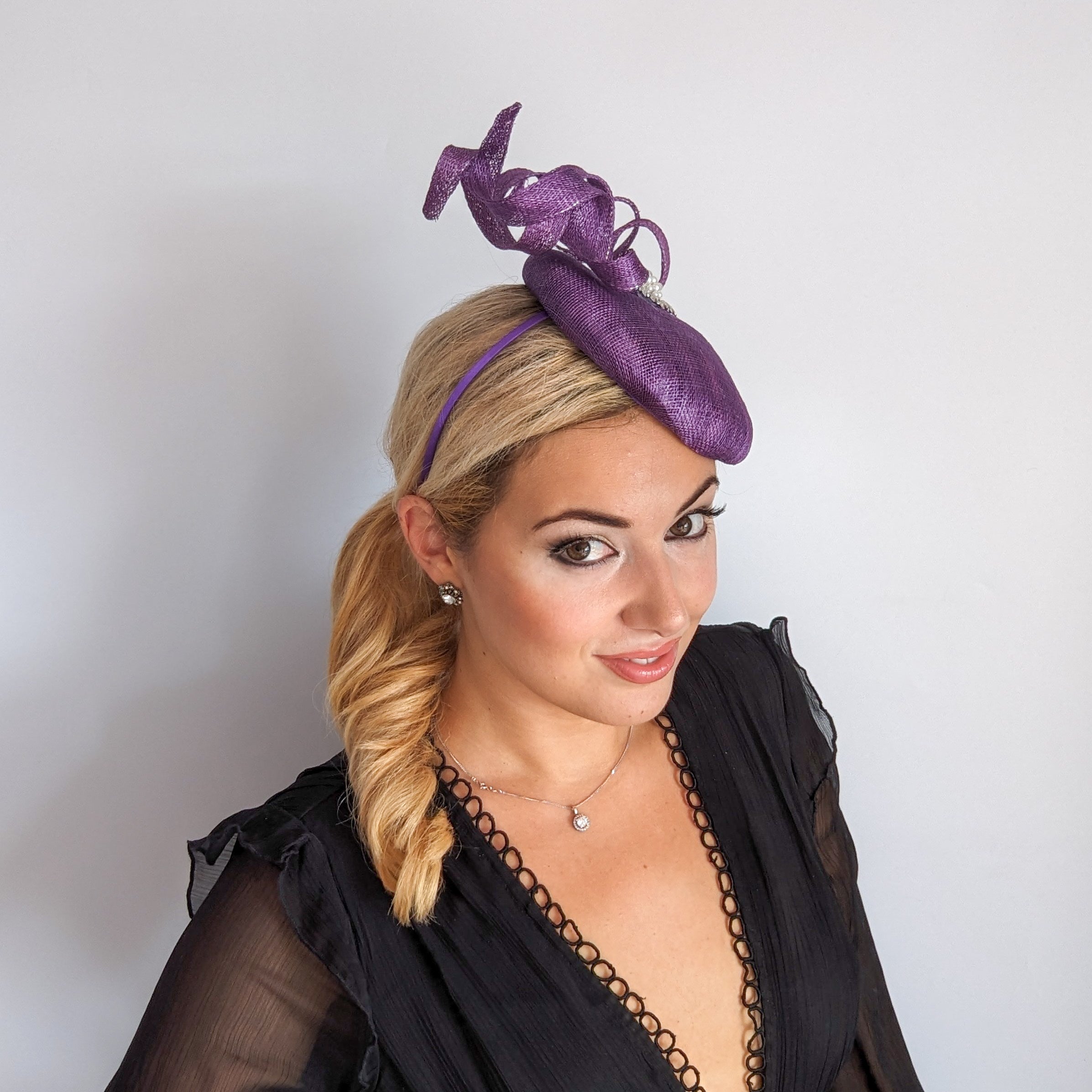 Aubergine purple pearl fascinator hat