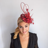 Burgundy crystal feather fascinator hat