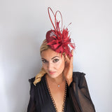 Burgundy crystal feather fascinator hat