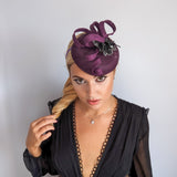 Dark plum purple flower fascinator hat