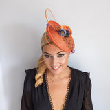 Orange and purple flower fascinator disc saucer hat