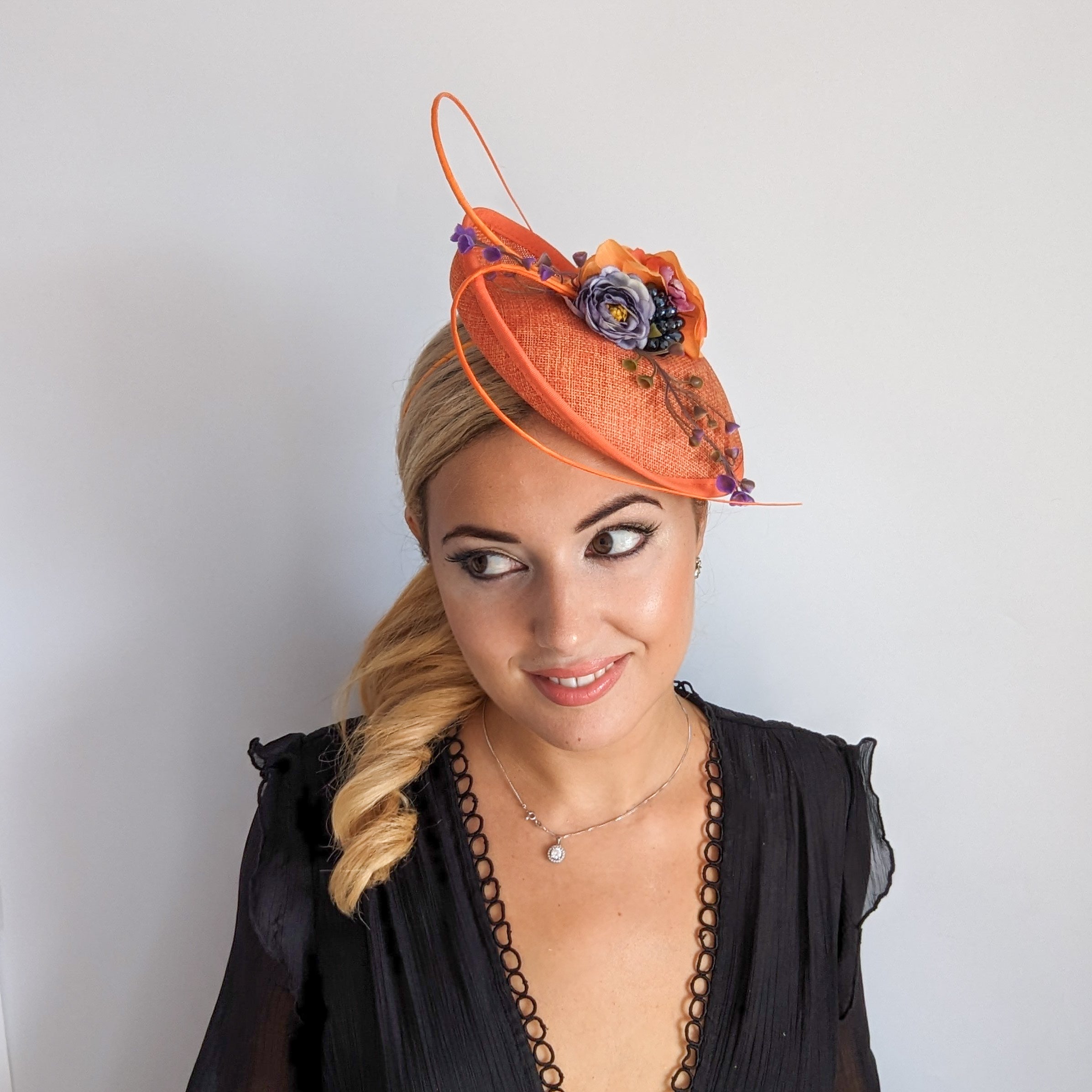 Orange and purple flower fascinator disc saucer hat