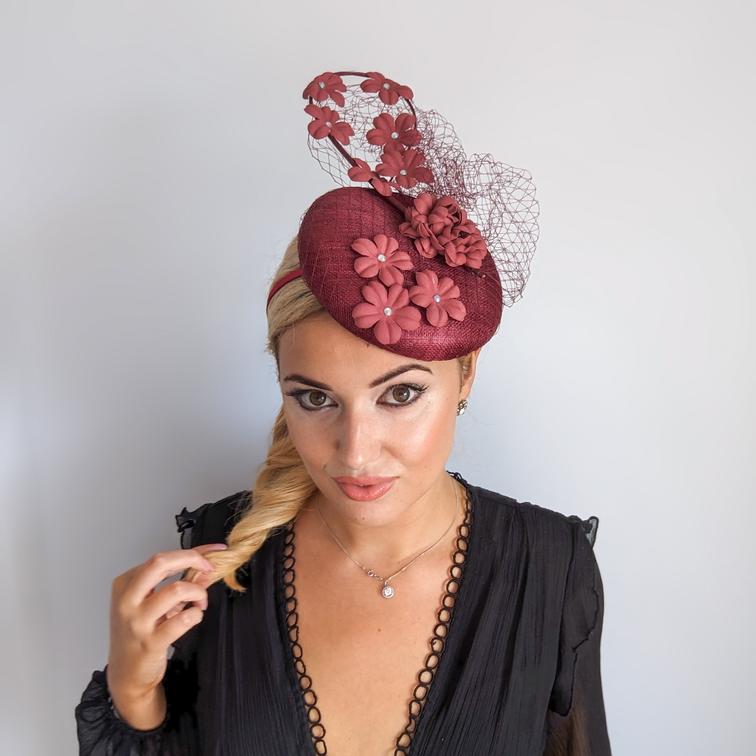 Burgundy flower fascinator hat