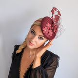 Burgundy flower fascinator hat