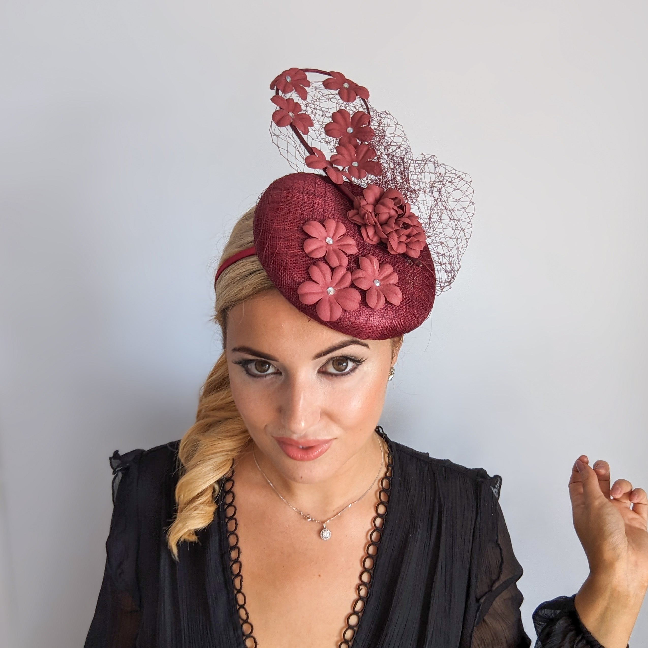 Burgundy flower fascinator hat