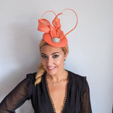 Coral orange pearl fascinator hat