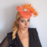 Coral orange feather pearl fascinator hat