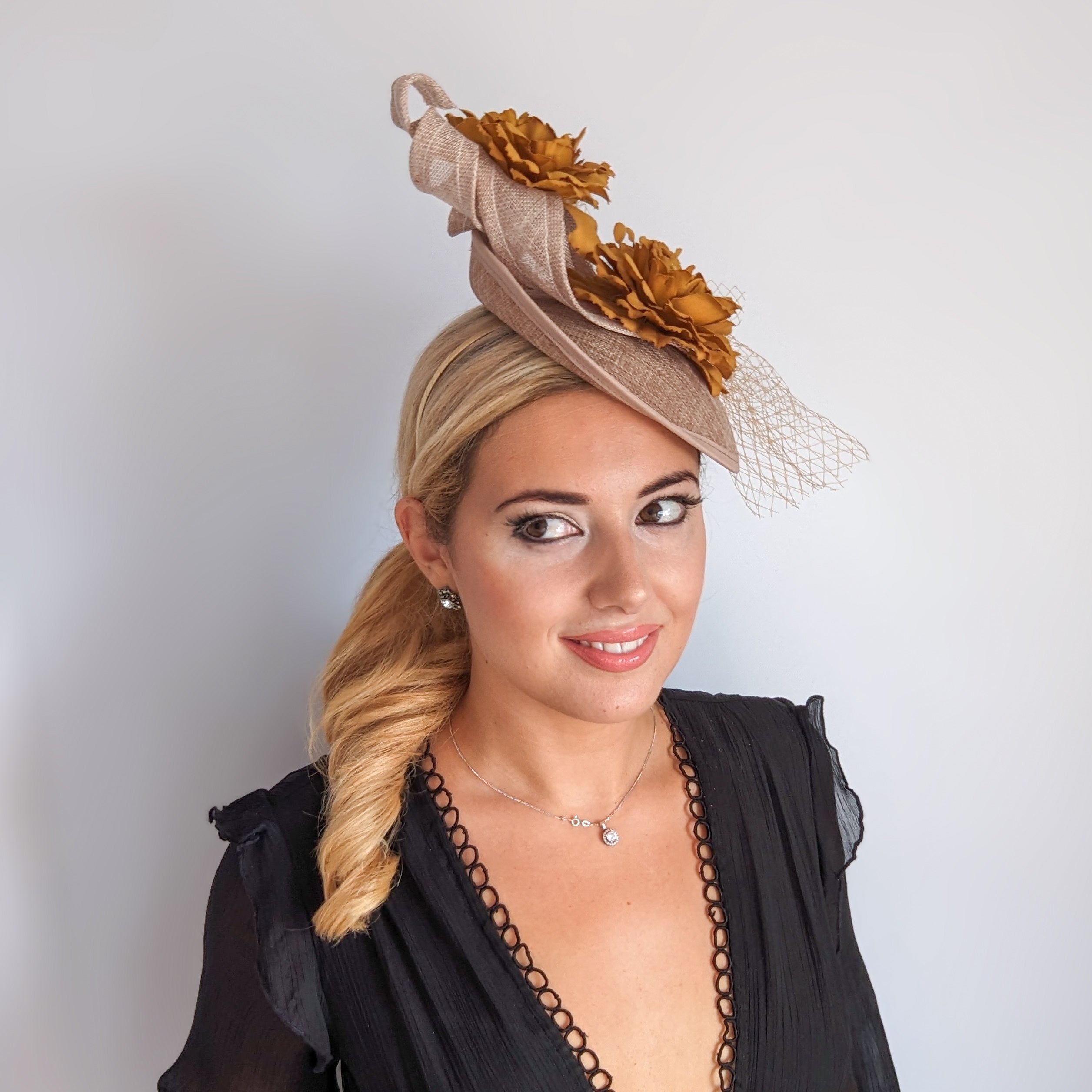 Caramel beige flower fascinator disc saucer hat