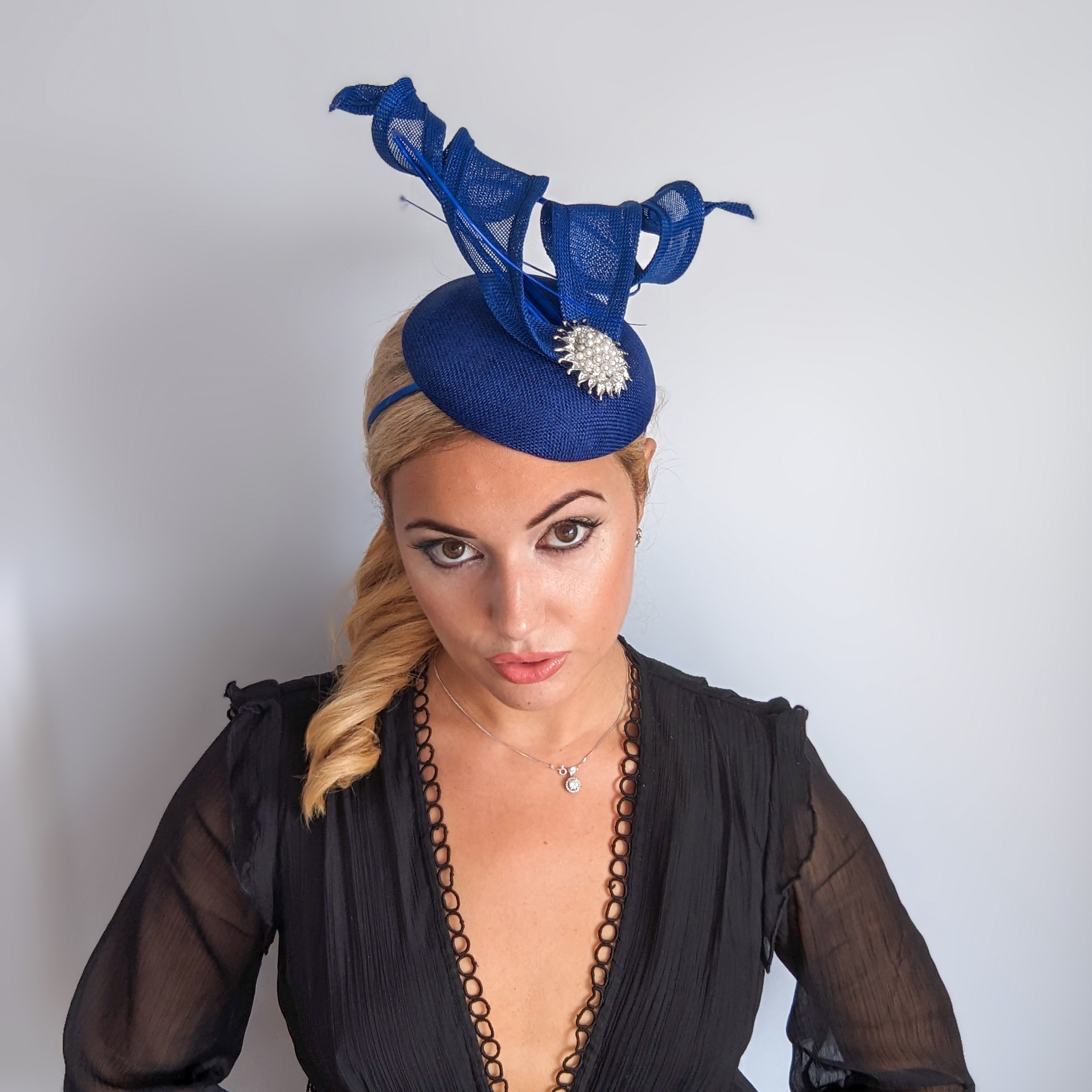 Royal cobalt blue pearl fascinator hat