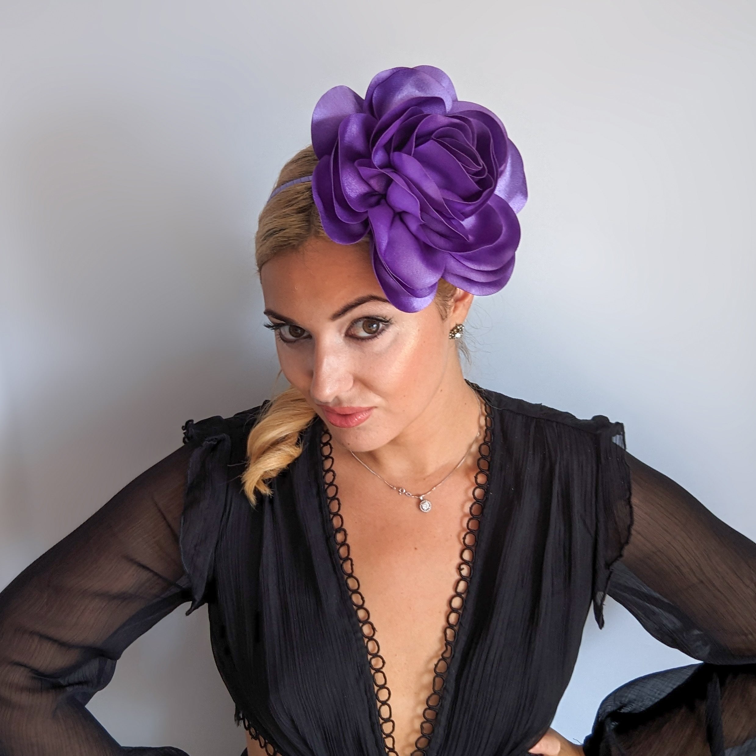 Large violet purple satin rose fascinator hat