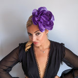 Large violet purple satin rose fascinator hat