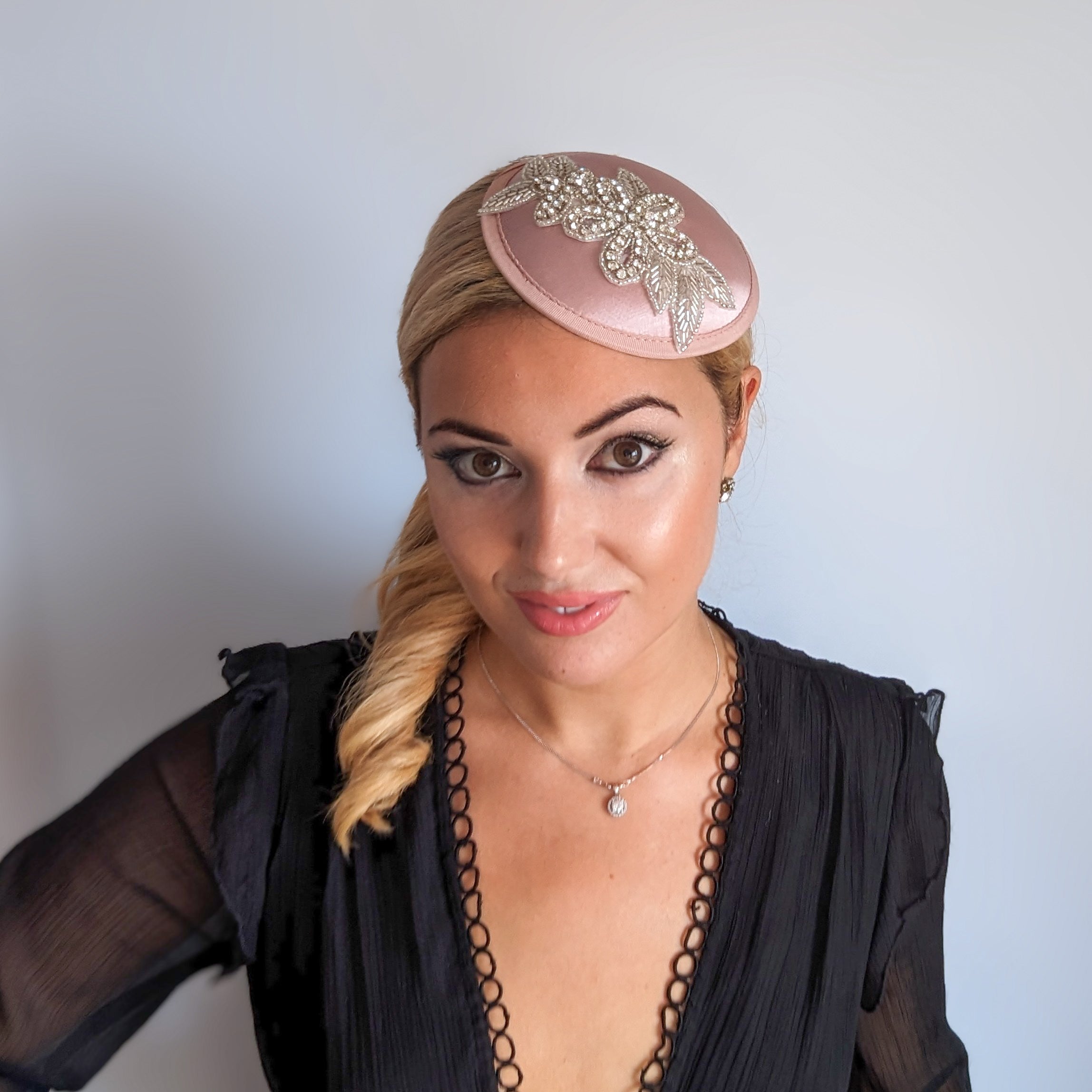 Blush pink crystal satin small fascinator  wedding hats uk