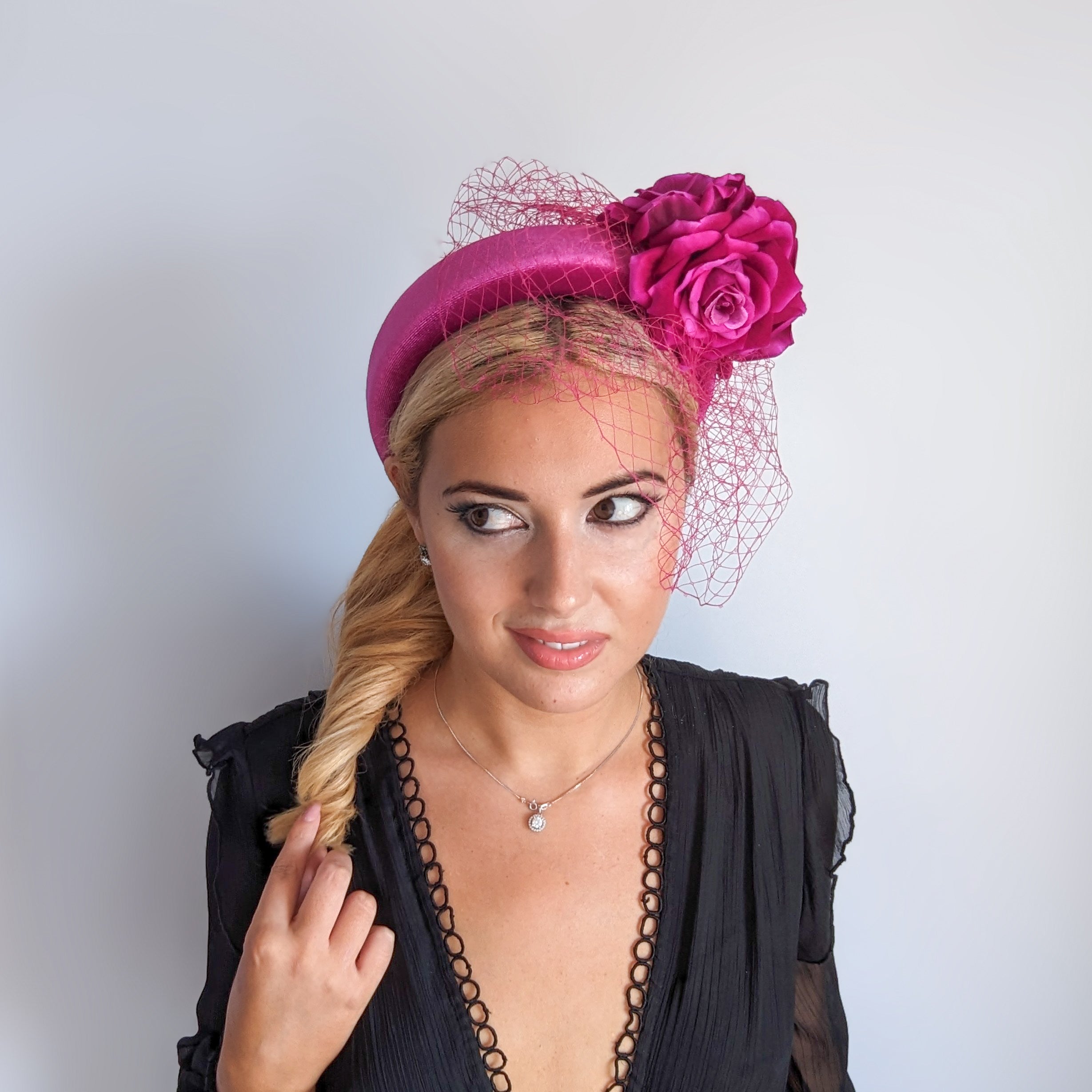 Magenta pink flower padded velvet headband fascinator