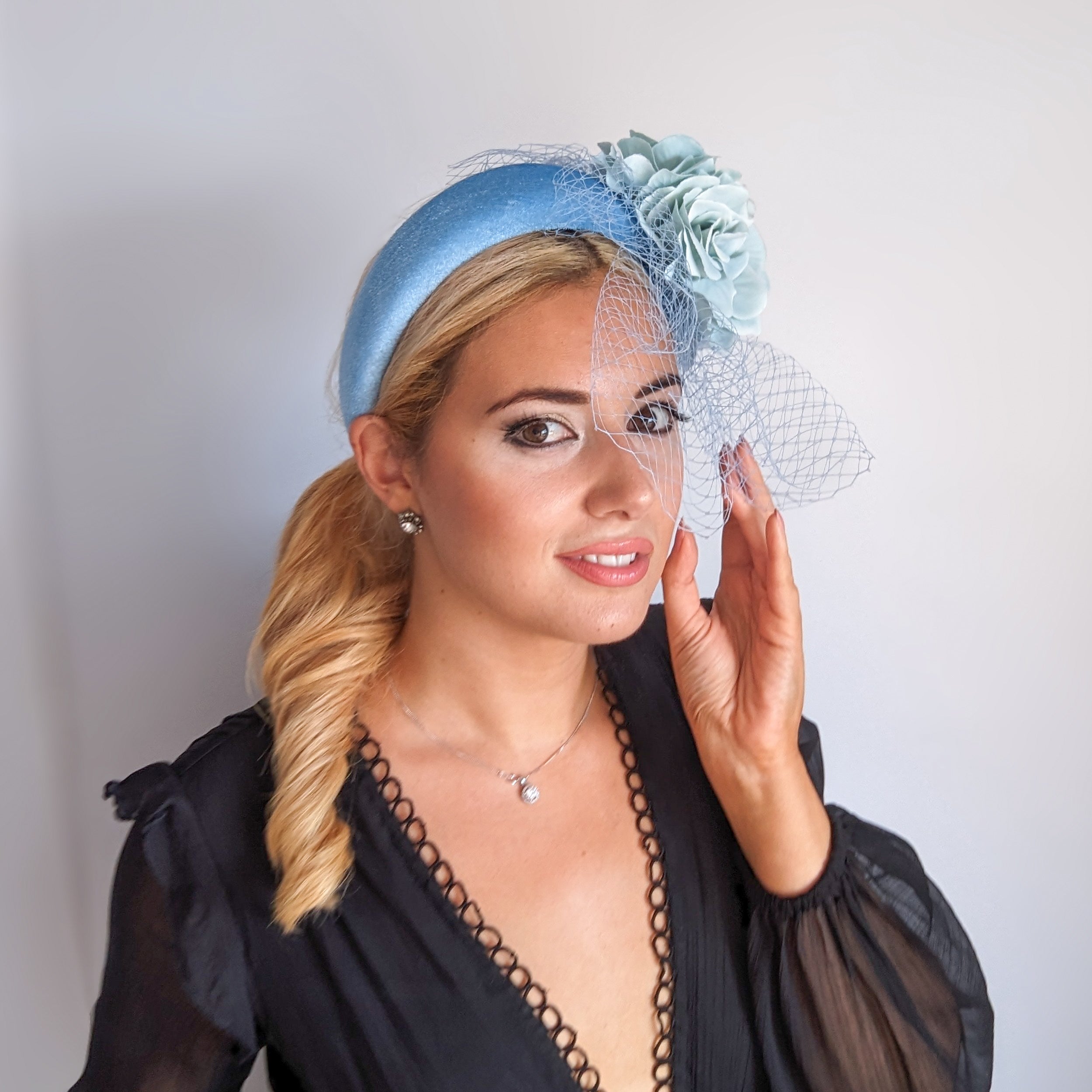 Light cornflower blue aquamarine flower padded velvet headband fascinator