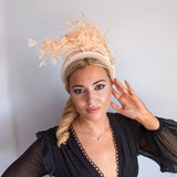 Champagne peach feather padded velvet headband fascinator