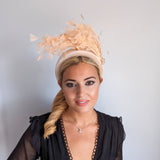 Champagne peach feather padded velvet headband fascinator