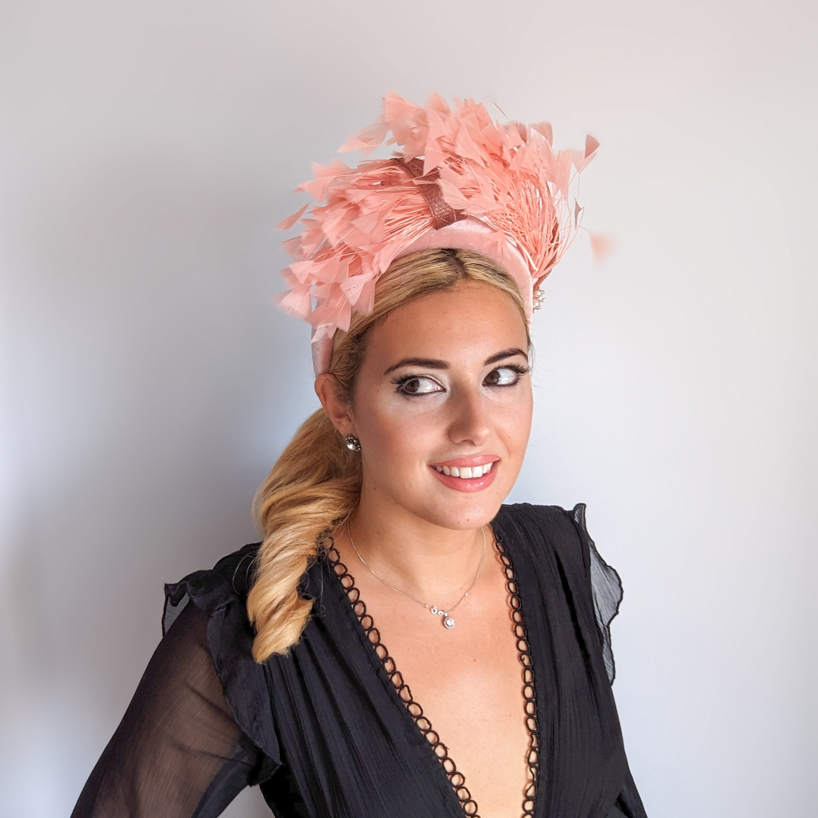 Dusty blush pink feather padded velvet headband fascinator