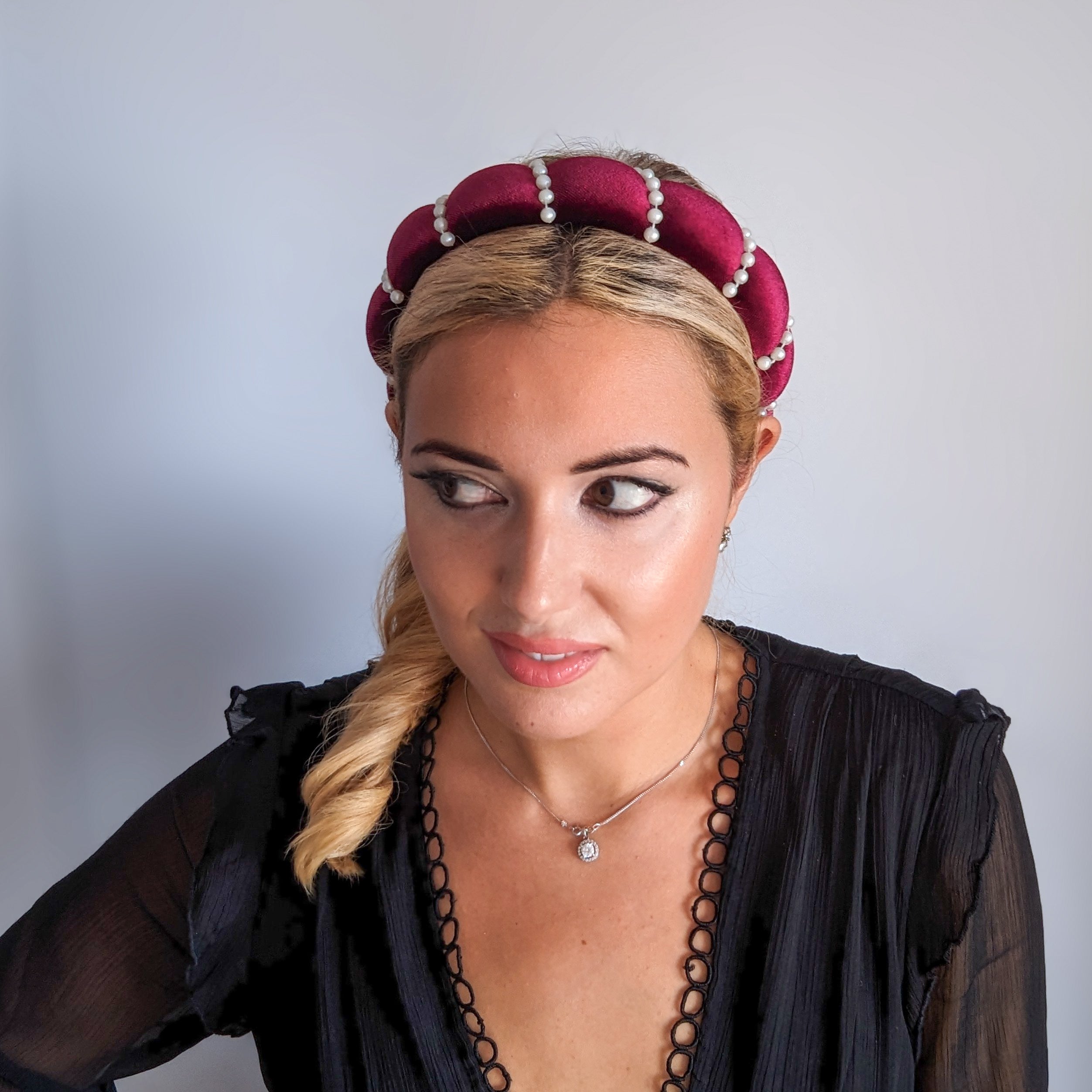 Burgundy pearl ruched padded velvet headband fascinator