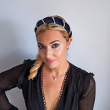 Midnight blue pearl ruched padded velvet headband fascinator