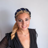 Midnight blue pearl ruched padded velvet headband fascinator