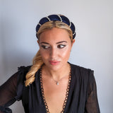 Midnight blue pearl ruched padded velvet headband fascinator