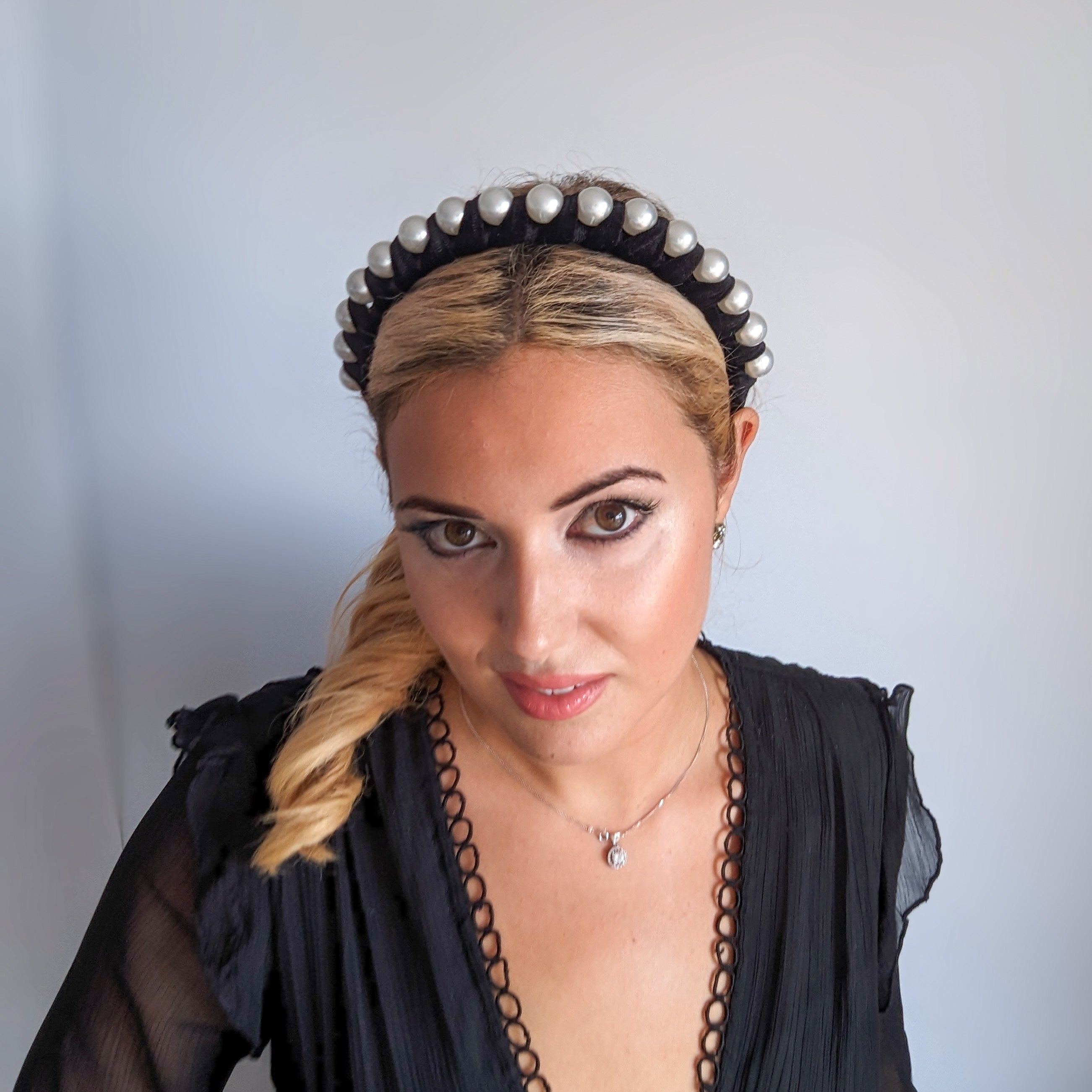 Black large pearl ruched velvet headband fascinator