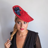 Red and navy large teardrop flower fascinator hat