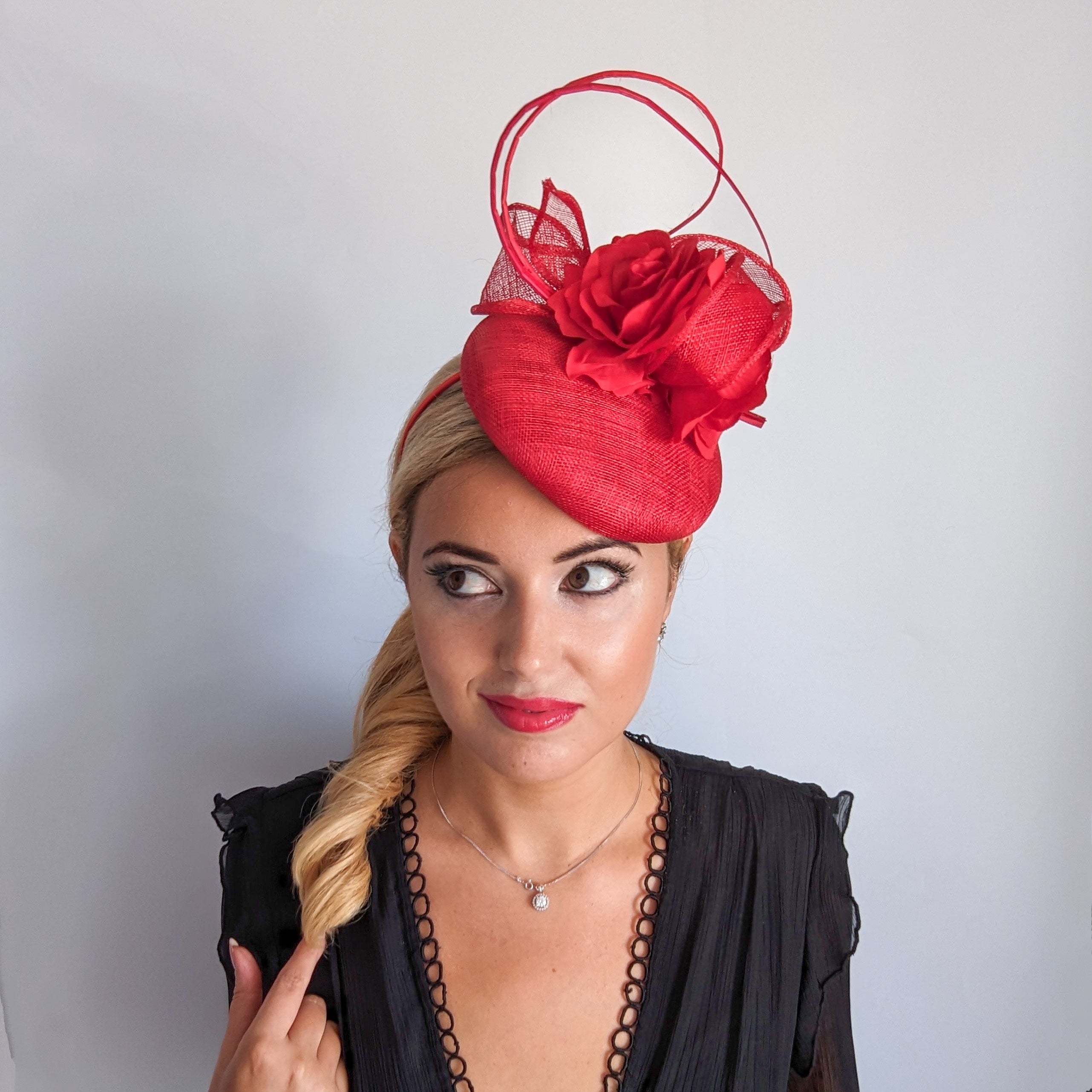 Red flower fascinator hat