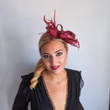 Burgundy crystal feather fascinator hat