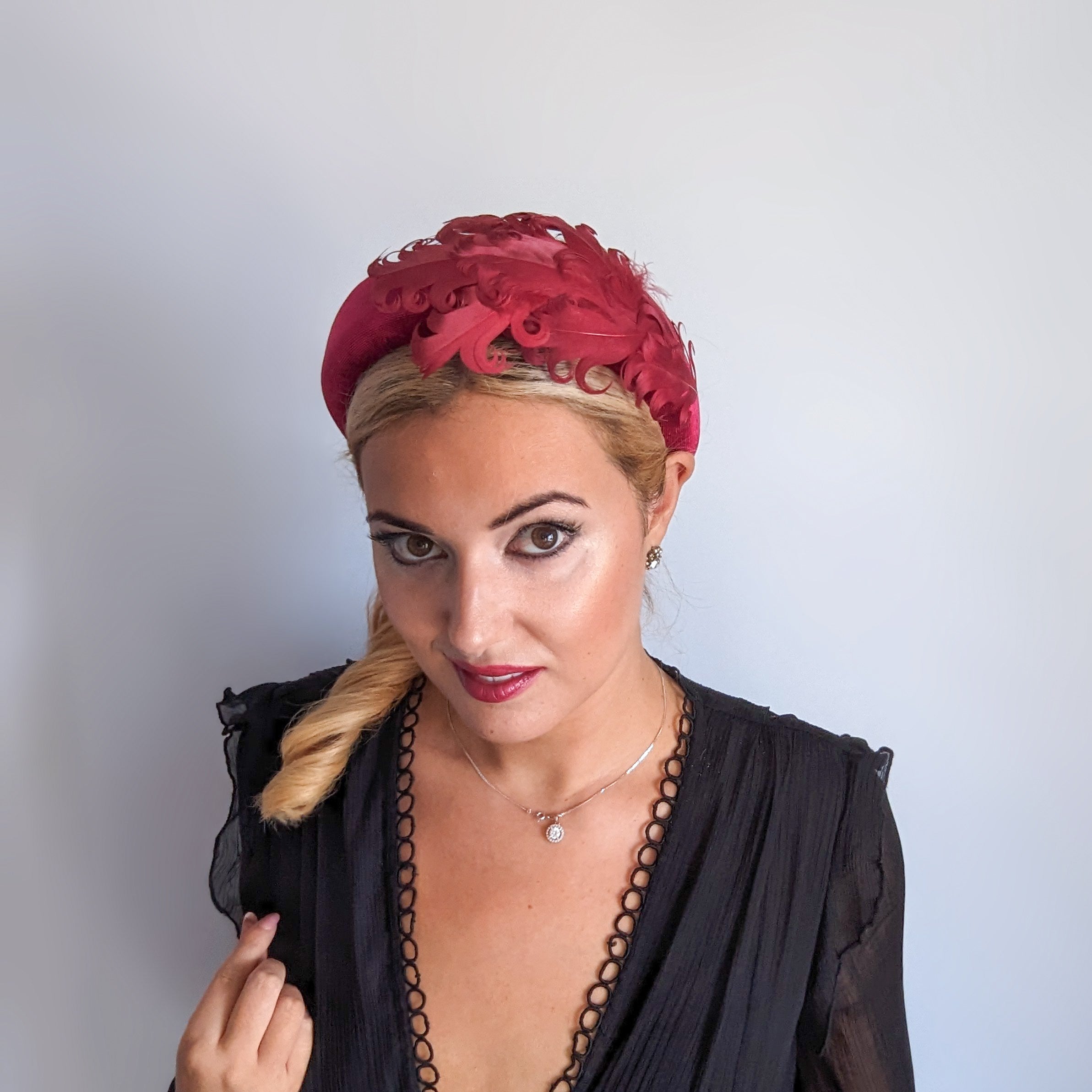 Burgundy feather padded velvet headband fascinator