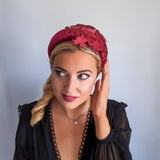 Burgundy feather padded velvet headband fascinator