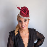 Burgundy beaded flower fascinator hat