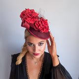 Burgundy flower fascinator disc saucer hat